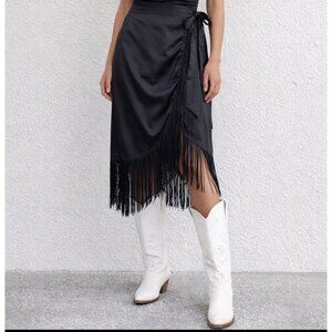 Vine & Love Satin Black Skirt Fringe Hem Side Tie High Dance NWOT
